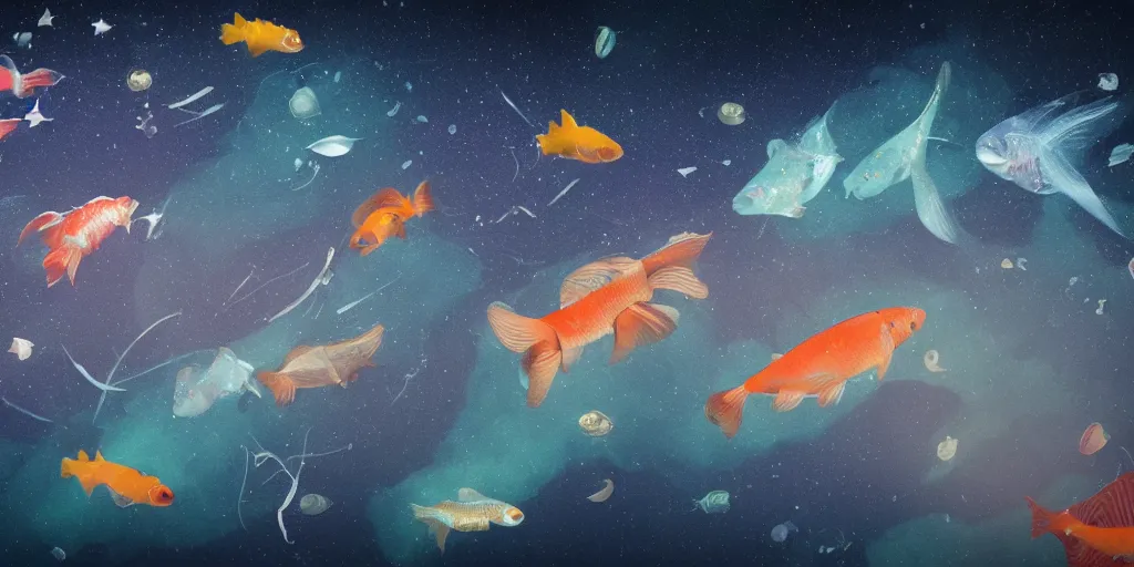 Image similar to a group of fishes of different types and sizes swimming between the clouds in outer space, stars and suns in the background, landscape, Artstation Trending, cgsociety, high quality, very coherent, ultra realism, high definition, post processing, unreal engine, 8k, high resolution, octane render, 4k UHD, photographic, digital art, art by uroš golubović artstation + bobryshev aleksandr artstation + ranulf busby doku artstation + echo lima artstation