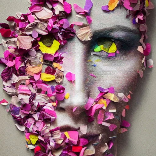 Image similar to a portrait of a woman constructed from flower petals, layered composition, layers, texture, mcu, newspaper, highly textured, layered, sculpted, dynamic,