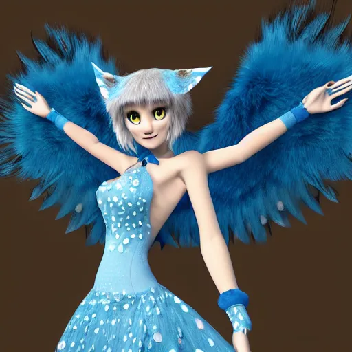 Prompt: 3 d render, well toned, large, female anthropomorphic wolf with wings, blue fur and scales with white spots and wings on her back, ice blue dress, furr covering her chest.