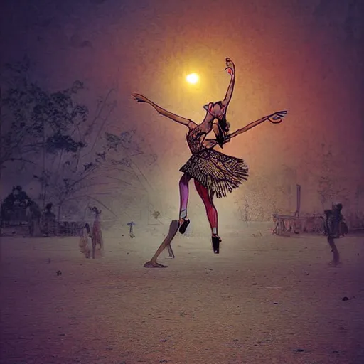 Image similar to burning man ballerina, digital art, post apocalyptic, fantasy, calligraphy