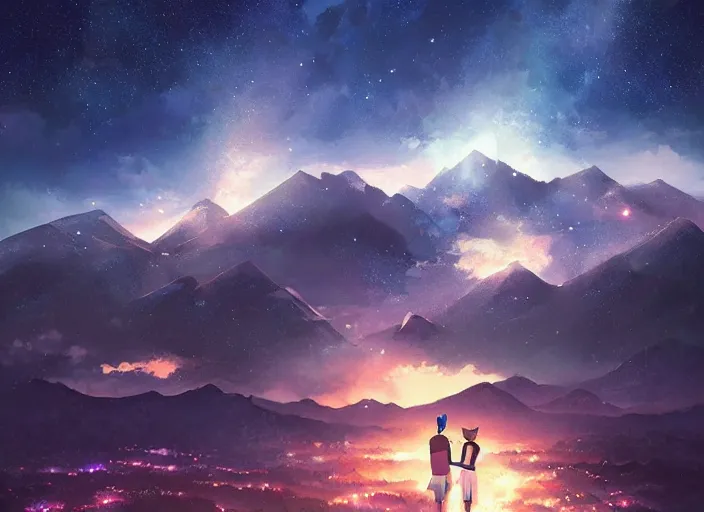 Image similar to watching the stars at night, on a mountain, by wlop, anime key visual, poster