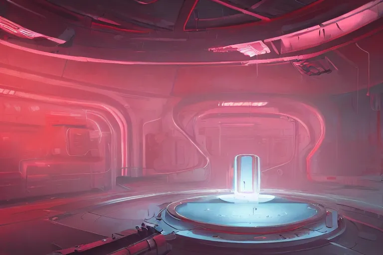 Prompt: inside the reactor room of an alien spaceship, glowing red rector core, mist, atmospheric, artstation