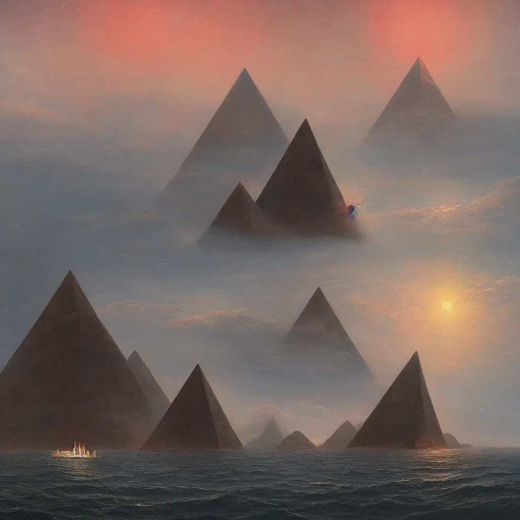 Prompt: A very beautiful painting of a (((dark Pyramid))) at Sea In style of Frederic Edwin Church and Zdzisław Beksiński.highly realistic,hyper detailed,4k,digital art,sci-fi