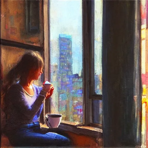 Image similar to “ a girl holding a cup of coffee looking out a window overlooking the east village in new york city, morning light, by daniel gerhartz ”