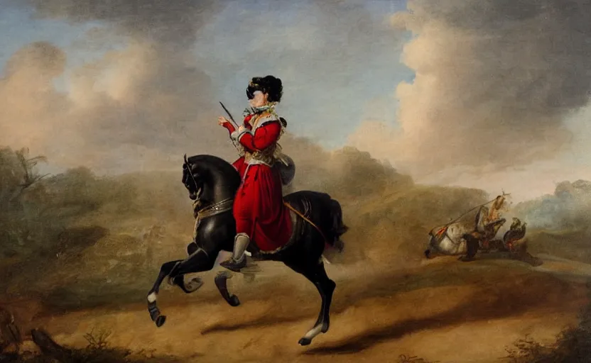 Image similar to woman in napoleonic dress standing on a galloping horse on a battlefield