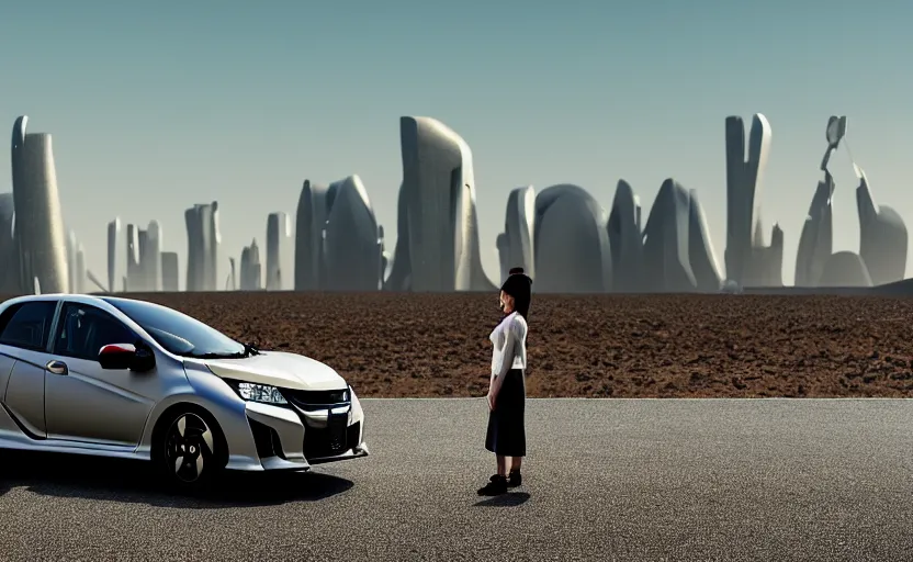 Image similar to photograph of a cell-shaded Honda EK9 Type-R with a lonely techwear woman , on a desert road with a futuristic city in the horizon, one point perspective, 1-point perspective, tilt shift, sigma 85mm f/1.4, 4k, depth of field, high resolution, 4k, 8k, hd, full color