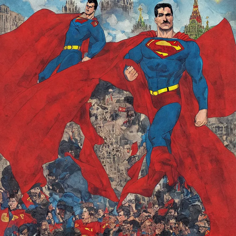 Image similar to epic comic book cover of stalin as superman floating over the red square ( moscow ), red banners, soviet nostalgia, socialist realism, aesthetically pleasing, finely detailed facial features, hyperrealist, intricate digital art, trending artstation, artgem, rich moody colors, fan art, concept art, in the style of the red son, by cory walker and ryan ottley