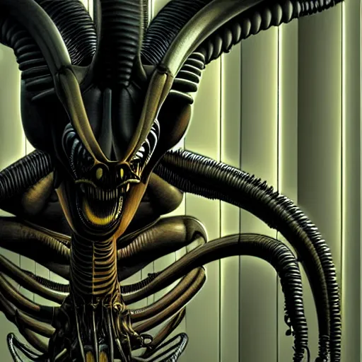 Image similar to detailed realistic xenomorph in an endless empty office building, pale yellow walls, moist brown carpet, defective fluorescent lighting, artstation, ultra detailed, creepy, photorealistic, nostalgia, art by h. r. giger