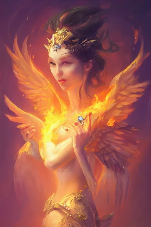 Image similar to beautiful princess with face covered with fire, diamonds, angel, fantasy, yellow background beam, dramatic lighting, highly detailed, digital painting, magic the gathering, 3 d render, hyper realistic detailed portrait, peter mohrbacher, wlop, ruan jia