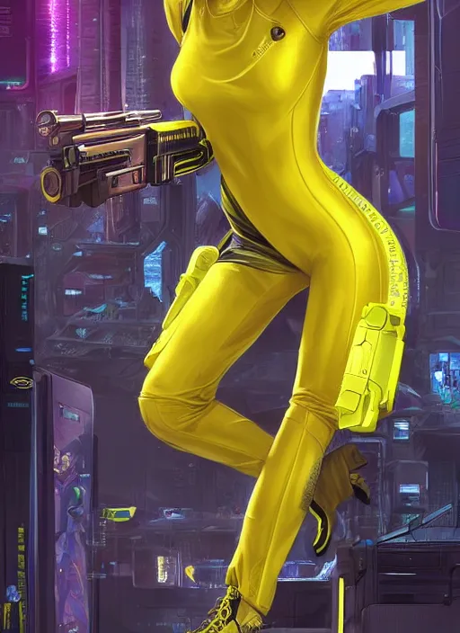 Image similar to beautiful cyberpunk female athlete in yellow jumpsuit. cyber chick firing a futuristic red automatic pistol with huge magazine. ad for pistol. cyberpunk poster by james gurney, azamat khairov, and alphonso mucha. artstationhq. gorgeous face. painting with vivid color, cell shading. ( rb 6 s, cyberpunk 2 0 7 7 )