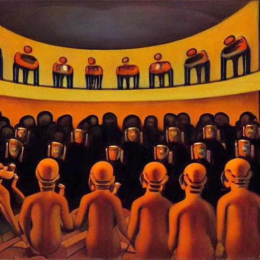 Image similar to robotic choir in an amphitheater, pj crook, grant wood, edward hopper, syd mead, chiaroscuro, oil on canvas