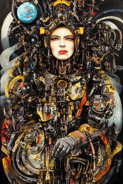 Image similar to queen baroque expressionist cyborg machine goddess, detailed portrait, hd 4k very detailed high dynamic range denoised smoothed upscaled, varnished oil paint on black background with pastel paint splashes in background by katsuhiro otomo