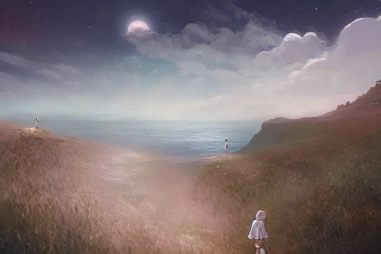 Image similar to giant white daisy flower on head, girl walking on cliff, surreal photography, solar eclipse, milky way, dramatic light, impressionist painting, clouds, digital painting, artstation, james gilleard, liam wong, jeremy mann, simon stalenhag