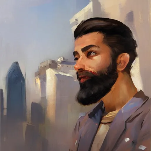 Prompt: greg manchess portrait painting of a young ducktail bearded middle eastern american male as overwatch character, medium shot, asymmetrical, profile picture, organic painting, sunny day, matte painting, bold shapes, hard edges, street art, trending on artstation, by huang guangjian and gil elvgren and sachin teng