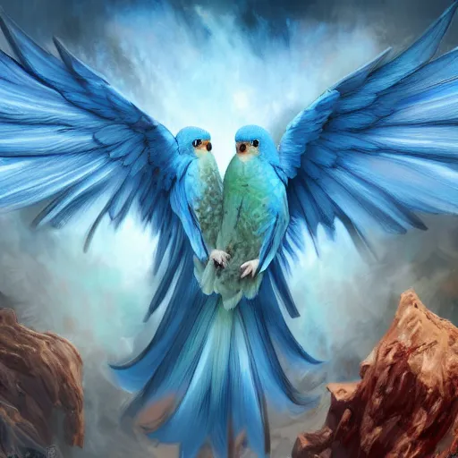 Image similar to an oil painting of a blue budgie with dragon wings, hd, hdr, ue 5, ue 6, unreal engine 5, cinematic 4 k wallpaper, 8 k, ultra detailed, high resolution, artstation, award winning