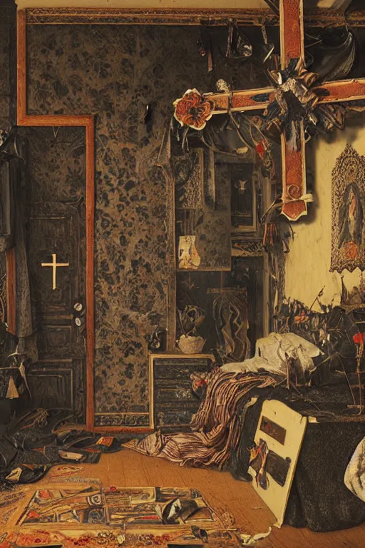 Prompt: male artist's messy, cluttered bedroom with dark black cornflower floral wallpaper pattern and a large christian cross hanging on the wall. items covering floor. catholic cross hanging on wall. realistic, highly detailed, sharp focus, volumetric lighting, full shot, wide view, unreal engine, art by vittore carpaccio