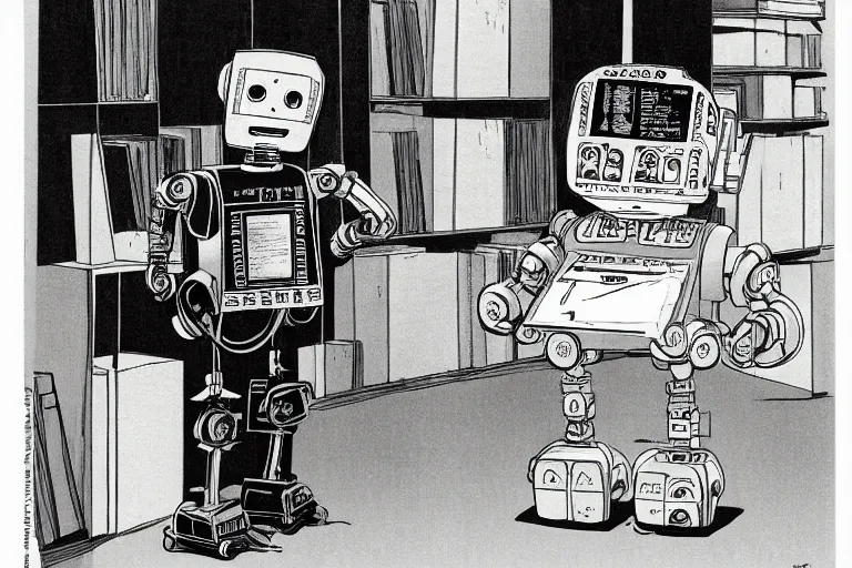 Prompt: a robot reading all the human knowledge made to date, katsuhiro otomo