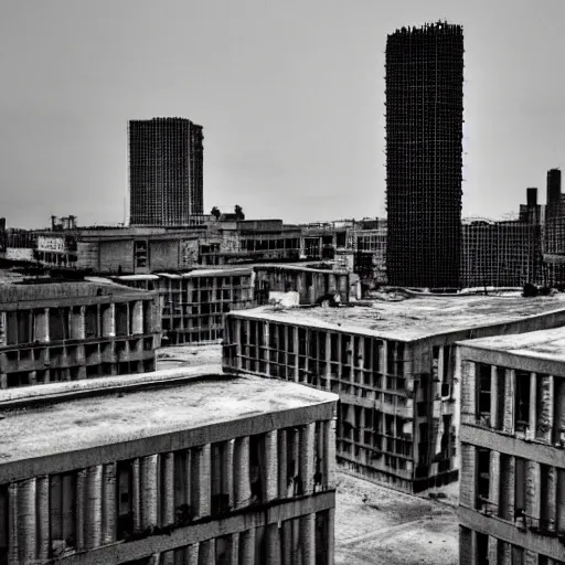 Image similar to a city made completely of equidistant, identical concrete buildings. melancholy, dark, dirty, 4 k photography.