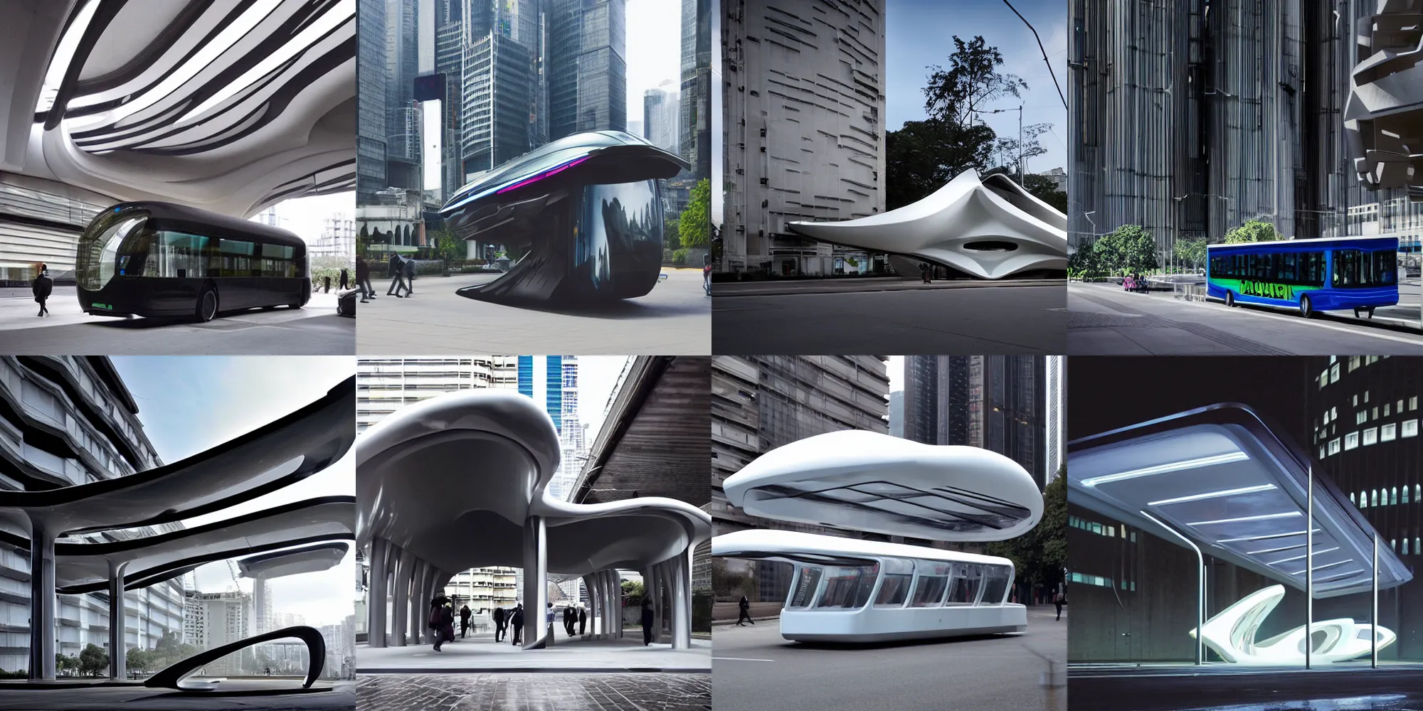 Prompt: cyberpunk bus stopby zaha hadid