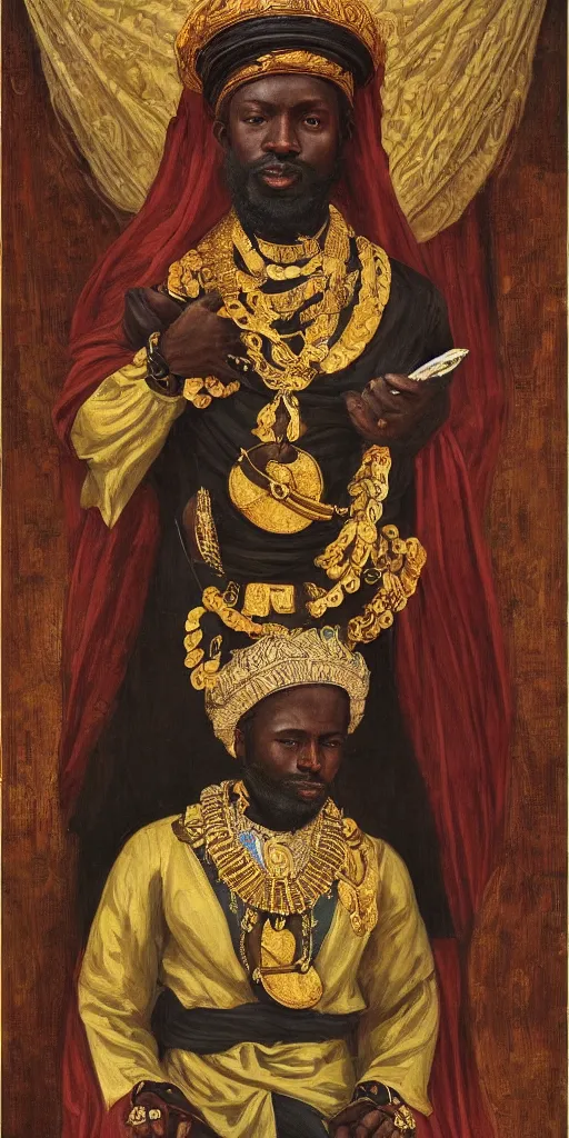 Image similar to a stunning and noble highly detailed romantic period style portrait of mansa musa by charles sillem lidderdale, trending on artstation, oil painting masterpiece, symmetry, mysterious, very very very aesthetic, african iconography