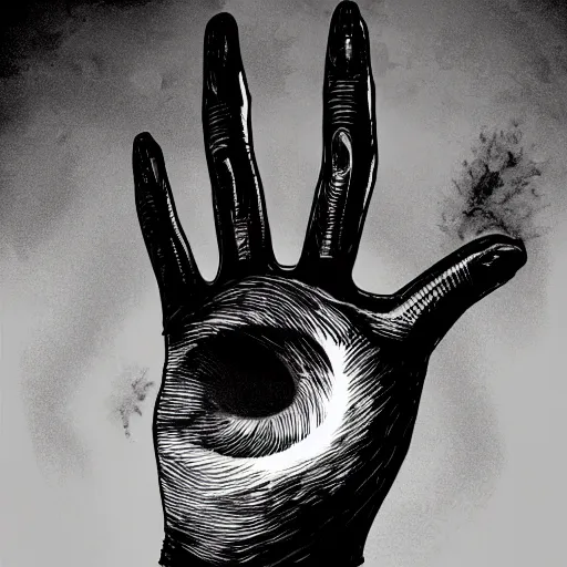 Image similar to a hand comes out from a black hole in the sky, dark, creepy, detailed, digital art