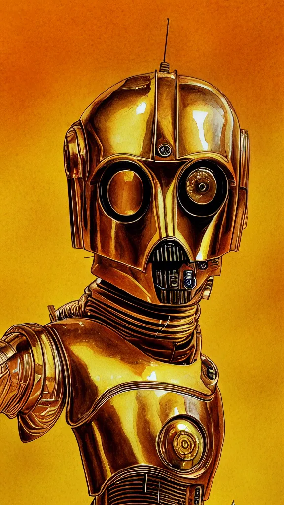 Image similar to a portrait of c - 3 po in watercolor. color harmony, 8 k detail, gallery quality, hd wallpaper, premium prints available, hyper - detailed, intricate design.