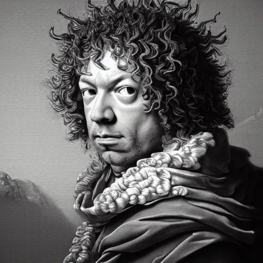 Image similar to A 17th century Baroque Painting of Dean Ween, grainy, realistic, hyperrealistic, very realistic, very very realistic, highly detailed, very detailed, extremely detailed, detailed, digital art, trending on artstation, detailed face, very detailed face, very detailed face, realism, HD Quality, 8k resolution, intricate details, body and head in frame, painting, oil painting, trending on deviantart, Baroque Painting