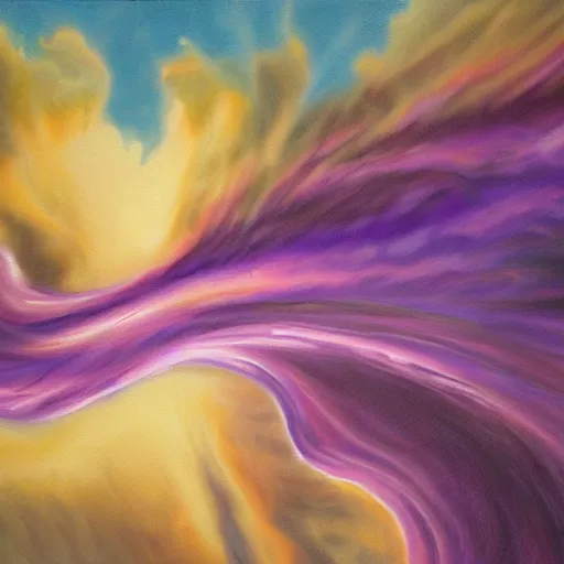 Image similar to a detailed oil painting of a purple tornado descending from the clouds in the ocean. the color of the tornado is purple, and its really realistic