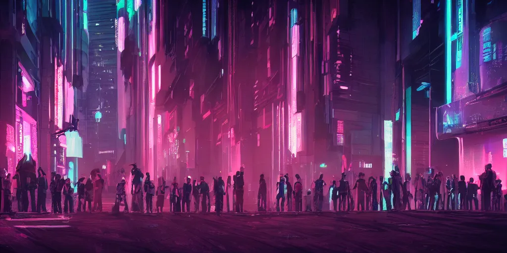 Prompt: a group of people standing outside of a building, cyberpunk art by liam wong, cgsociety, retrofuturism, glowing neon, neon, matte painting