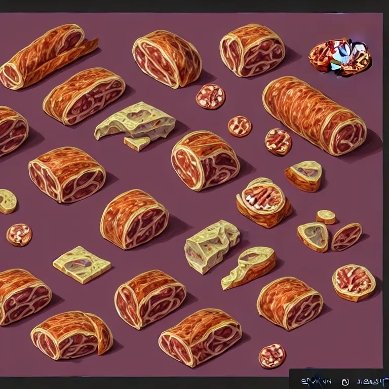 Prompt: subsurface scattering, isometric orthographic game art of houses made of salami, transparent background, brom's amazing d & d dark sun art, psd spritesheet, digital painting by brom, hand - drawn 2 d art, intricate details, beautiful, hq lighting, ultrarealistic, cgsociety, artstation, by brom, blank background