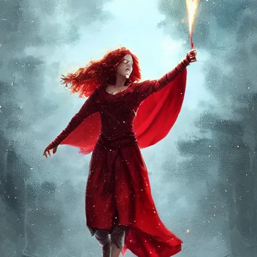 Prompt: Portrait of a female sorcerer with curly red hair wearing a red dress and a red cloak throwing a fireball, art by greg rutkowski