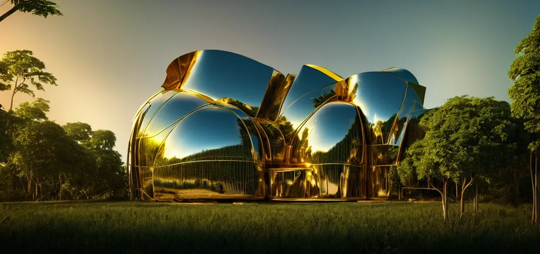 Image similar to futuristic shinny golden iridiscent mirror building in an jungle landscape of a biopunk city by frank gehry and zaha hadid, movie poster, golden ratio, evening lighting, film still, realistic, octane render redshift arnold materials unreal engine, 8 k post production, hyper detailed