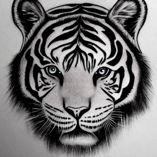 Image similar to tattoo design of a face of a beautiful girl wearing a tiger head hat, hyper detailed, in the design of eliot kohek