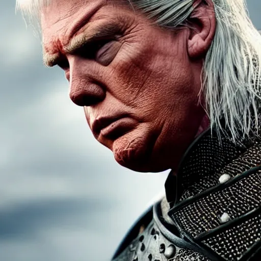 Image similar to donald trump as geralt of rivia from the witcher movie, dramatic film still, close - up, details, sigma 7 5 mm