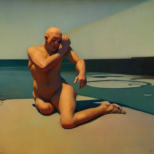 Image similar to a man melting into a puddle of liquid, pj crook, syd mead, livia prima, greg rutkowski, edward hopper