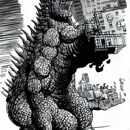 Prompt: godzilla drawn by frank miller