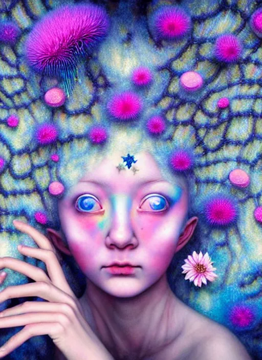 Prompt: hyper detailed 3d render like a Oil painting - kawaii portrait Aurora (Singer) seen Eating of the Strangling network of prussian blue and aerochrome and milky Fruit and Her delicate Hands hold of gossamer polyp blossoms bring iridescent fungal flowers whose spores black the foolish stars by Jacek Yerka, Mariusz Lewandowski, Houdini algorithmic generative render, Abstract brush strokes, Masterpiece, Edward Hopper and James Gilleard, Zdzislaw Beksinski, Mark Ryden, Wolfgang Lettl, hints of Yayoi Kasuma, octane render, 8k