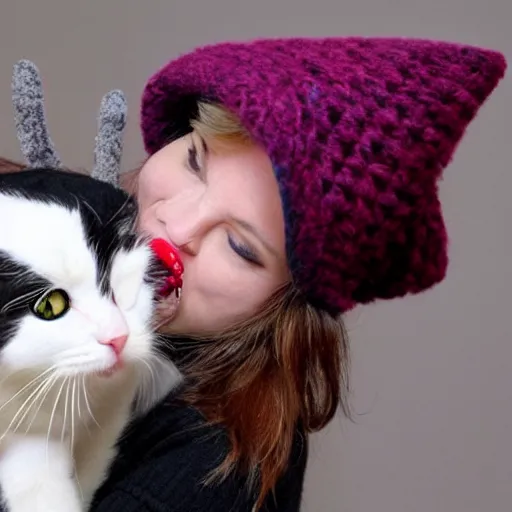 Prompt: cute cat photo licking tongue sticking out, wearing wool hat, cat ears