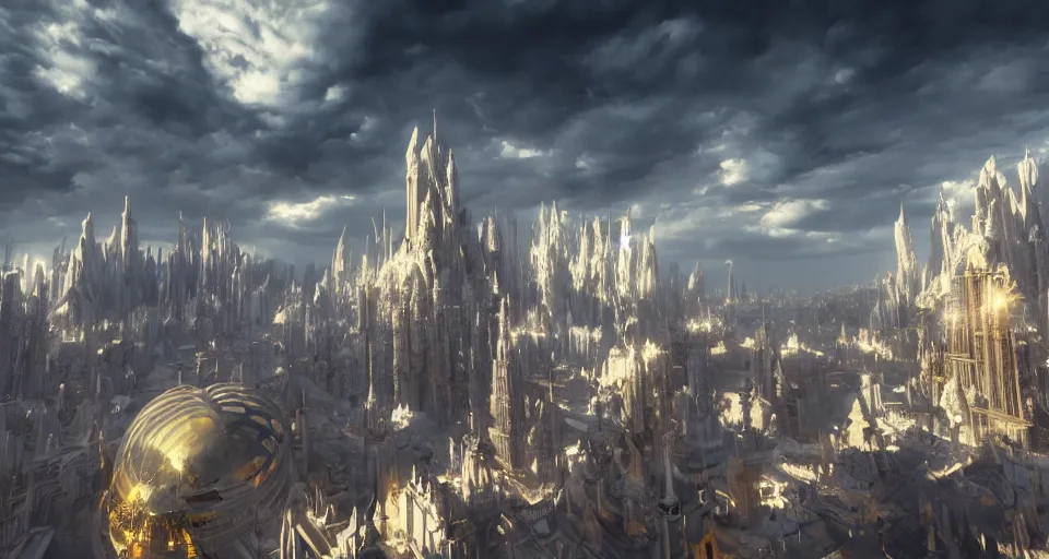 Prompt: majestic futuristic elf city made of white stone and decorated with gold, epic scale buildings, dramatic light clouds, cinematic sky, sunrise, 8 k, unreal engine 5