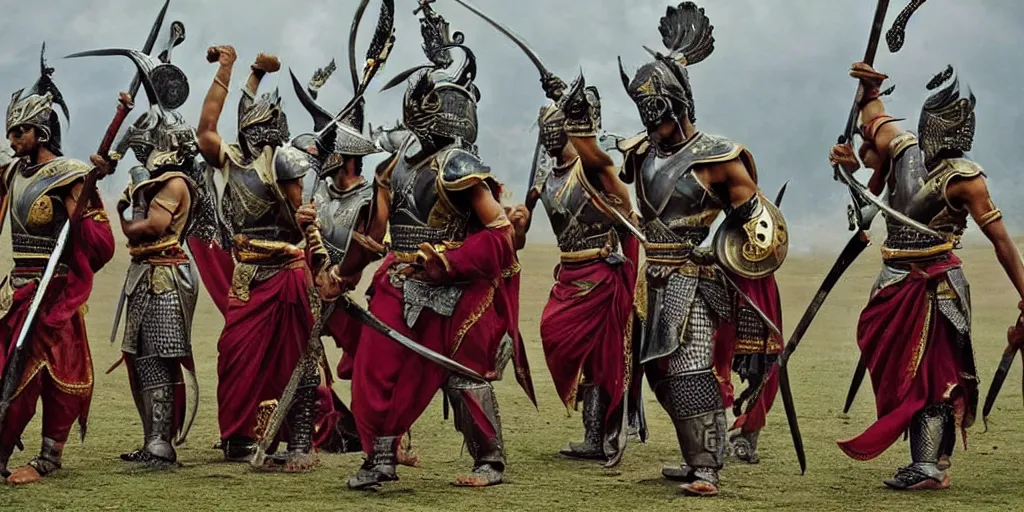 Image similar to sri lankan warriors with swords, film still, epic shot cinematography, rule of thirds, fantasy movie style