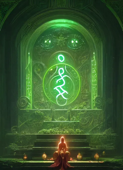 Image similar to portrait of the goddess of life, green glowing runes, overgrown altar, intricate, elegant, glowing lights, highly detailed, digital painting, artstation, concept art, smooth, sharp focus, illustration, art by wlop, mars ravelo and greg rutkowski