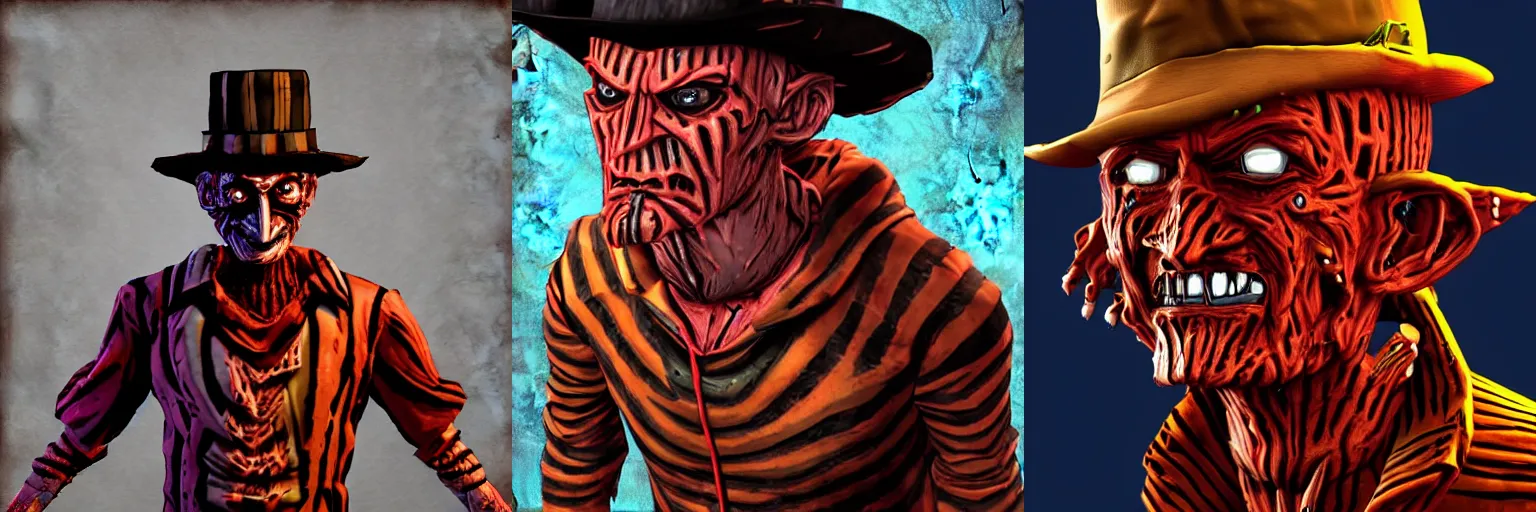 Prompt: 3d render of Freddy Krueger in the style of borderlands video game