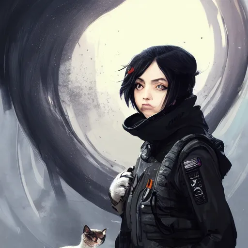 Image similar to a pale skinny white young girl with black hair, the hime cut, 1 8, in a black hoodie, and a cat, apex legends character, digital illustration portrait design, by android jones and greg rutkowski, retrowave color scheme, detailed, cinematic lighting, wide angle action dynamic portrait