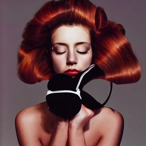 Image similar to a studio close - up portrait of a beautiful fashion model curls her hair. surreal photograph, lo - fi, polished look, silly and serious, hermes ad, fashion photography, toiletpaper magazine, 3 5 mm photograph, colourful, by pierpaolo ferrari, maurizio cattelan