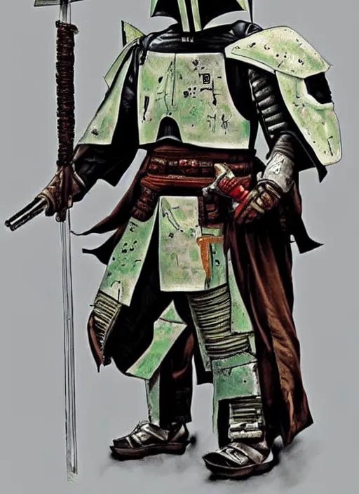 Prompt: a japanese samurai but his armor is inspired by boba fett's, very detailed oil painting, dark and realistic, japanese art art