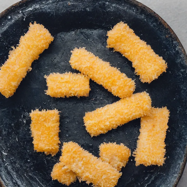 Image similar to Soaking wet soggy fish stick drenched with a stream water from a faucet on a moist wet plate. Very wet delicious crusty fish sticks. Macro lens close up 4K food commercial shot