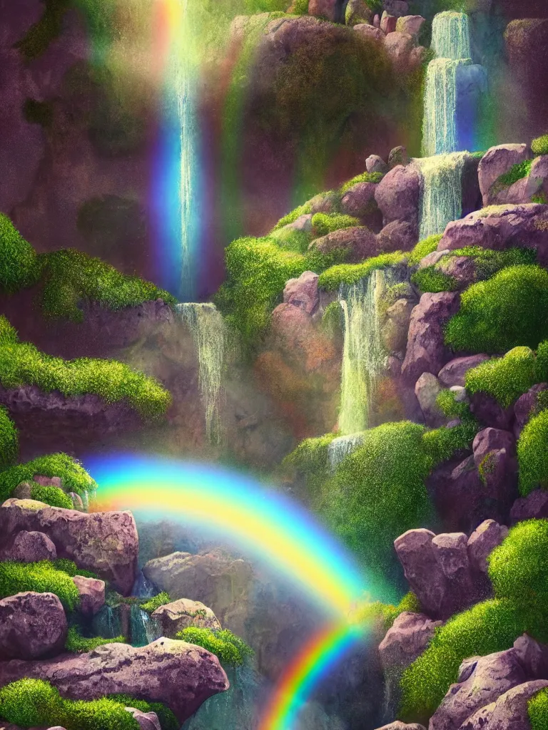 Image similar to artdeco illustration of waterfall cascading onto rocks, small rainbow emerging in background, ethereal, beautiful scenery, intricately meticulously detailed, amazing, glitter, 8 k render octane high definition