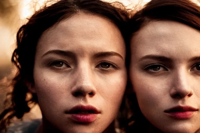 Image similar to movie closeup polar opposites, couple, beautiful skin, Symmetrical faces. Beautiful lighting by Emmanuel Lubezki