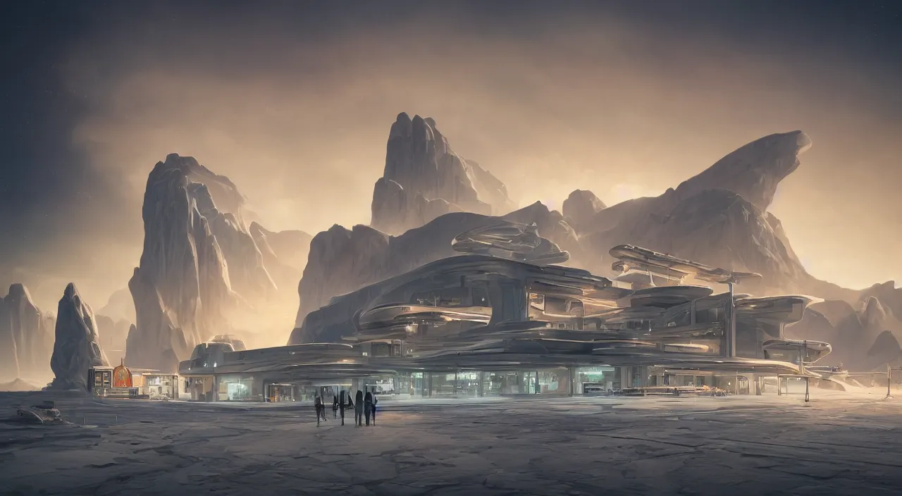 Prompt: a matte painting of Arctic station by Frank Lloyd Wright and Zaha Hadid torch volume light stylized illustration digital airbrush painting, 3d rim light, hyperrealistic masterpiece, artstation, cgsociety, kodakchrome, golden ratio