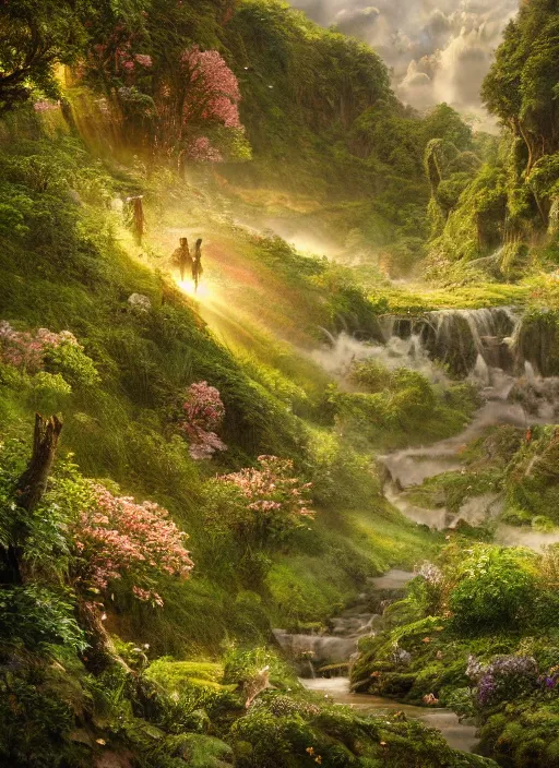 Image similar to in the distance an elegant fairy with wings of lace in a lord of the rings scenery landscape, a vast lush valley flowers and wood structures, stream, sunrise, god's rays highly detailed, vivid color, cinematic lighting, perfect composition, 8 k, gustave dore, derek zabrocki, greg rutkowski, belsinski, octane render